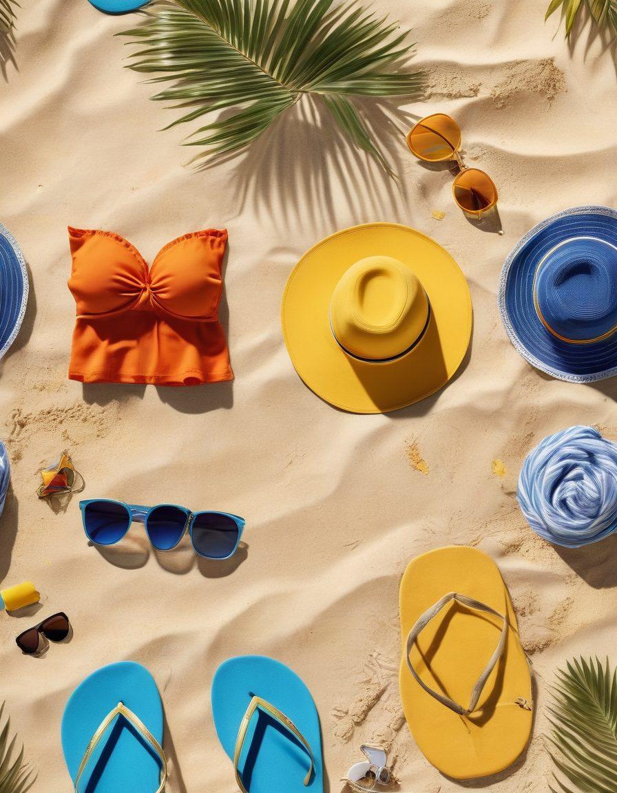 A vibrant beach scene showcasing diverse beachwear styles, including colorful swimsuits, floppy sun hats, and stylish sunglasses. The background features a clear blue ocean and golden sand, with people enjoying various summer activities like swimming, beach volleyball, and sunbathing. Incorporate tropical elements like palm trees and beach accessories like towels and flip-flops to enhance the lively atmosphere. super-realistic. vibrant colors. sunny ambiance.